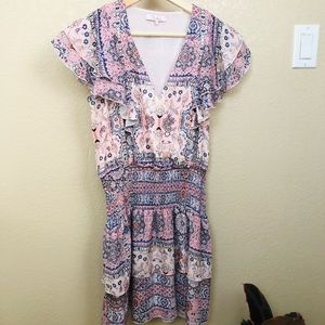 Parker flutter sleeves smocked waist printed tiered dress in pink size XS
